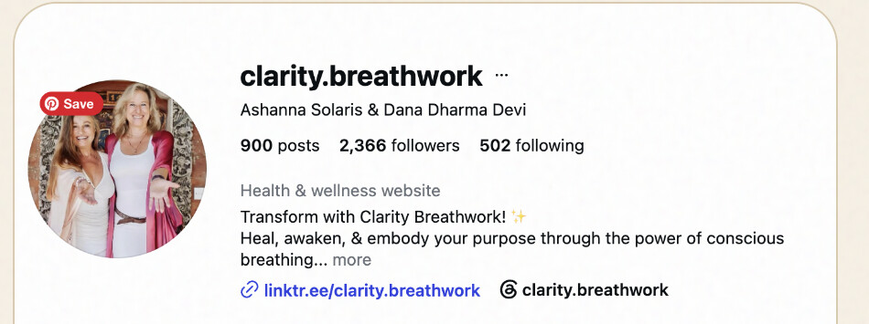 Instagram profile of Clarity Breathwork