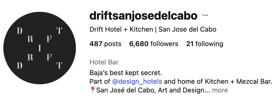 Instagram profile of Drift Hotel